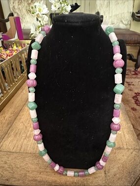 Colorful Pink, Purple & Green Beaded Jadeite Necklace